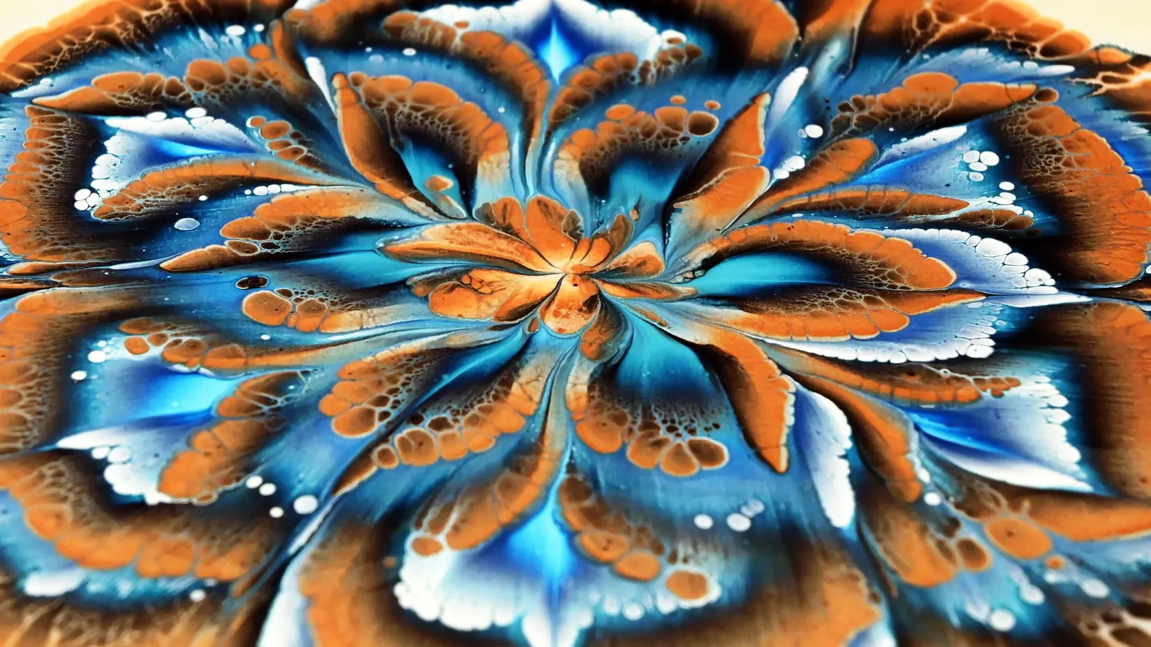 Cup Bottom Acrylic Pour Painting ~ Reverse Flower Dip With Rose Gold And Blues ~ Fiona Art