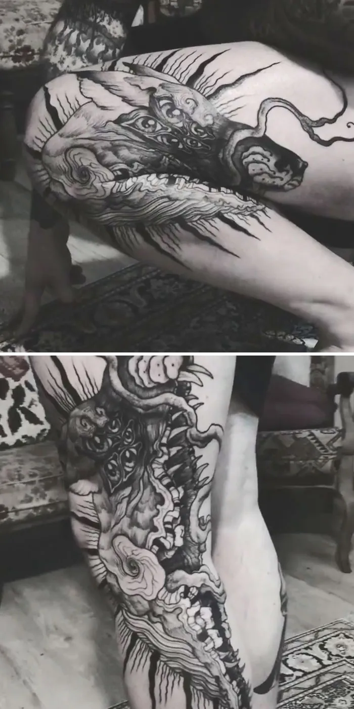 Creative tattoo evolves with leg movements displaying intricate design.