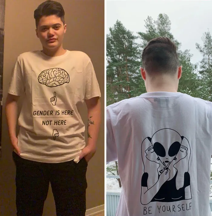 Mi padre ya no es tránsfobo. Ha sido mi cumpleaños y me ha regalado esta camiseta. Estoy llorando