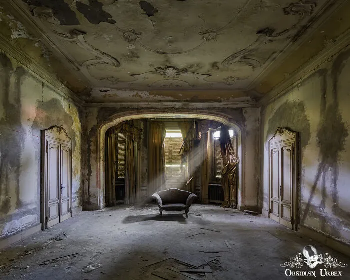 Soft Afternoon Light Streams Through The Window, Inside An Abandoned Italian Mansion