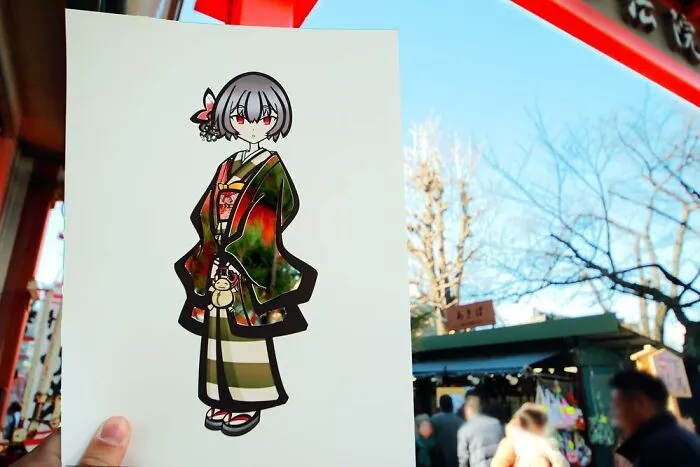 Japanese Artist Fills In Their Anime-Inspired Cutouts With Their Surroundings (100 Pics)