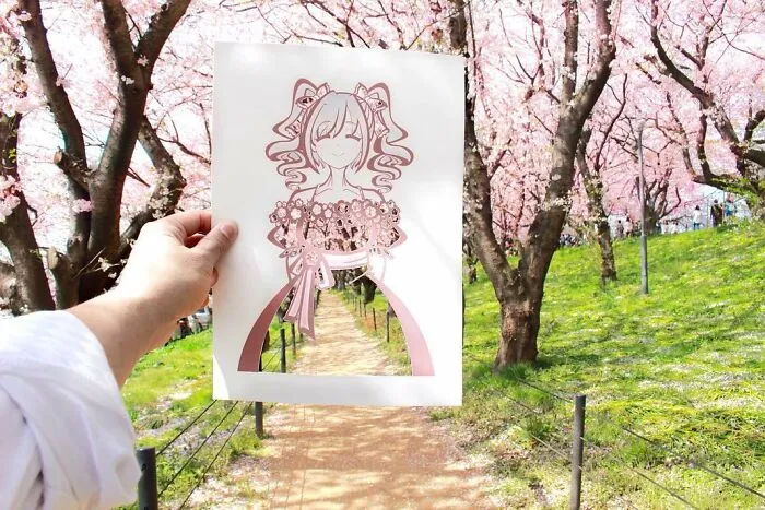 Japanese Artist Fills In Their Anime-Inspired Cutouts With Their Surroundings (100 Pics)