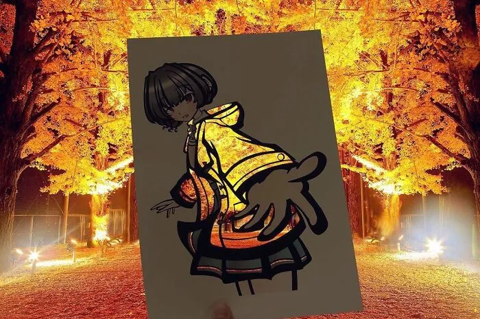 Japanese Artist Fills In Their Anime-Inspired Cutouts With Their Surroundings (100 Pics)
