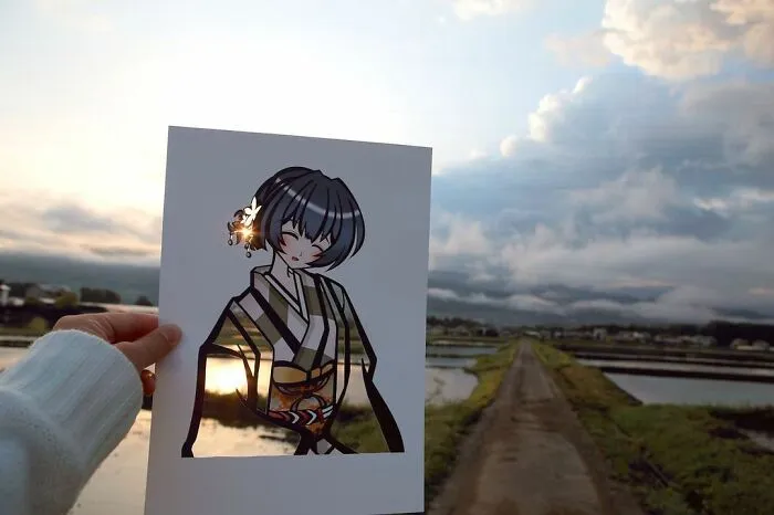 Japanese Artist Fills In Their Anime-Inspired Cutouts With Their Surroundings (100 Pics)