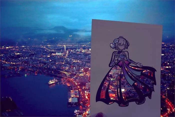 Japanese Artist Fills In Their Anime-Inspired Cutouts With Their Surroundings (100 Pics)