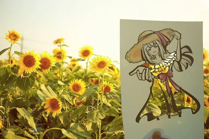 Japanese Artist Fills In Their Anime-Inspired Cutouts With Their Surroundings (100 Pics)