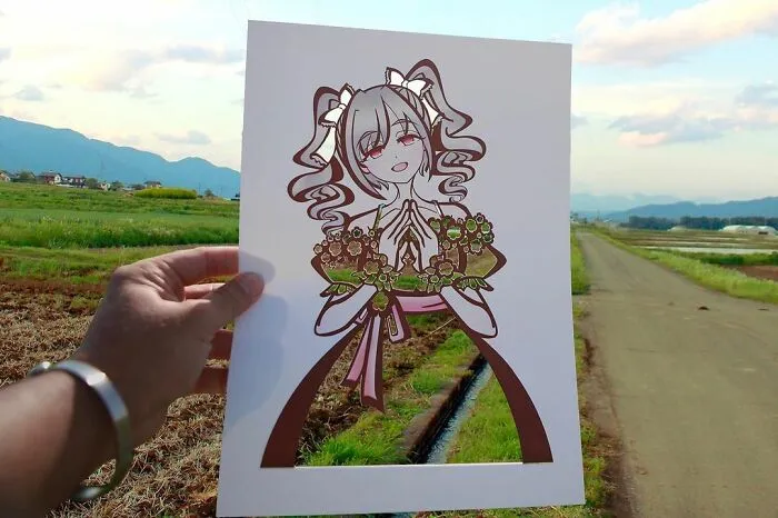 Japanese Artist Fills In Their Anime-Inspired Cutouts With Their Surroundings (100 Pics)