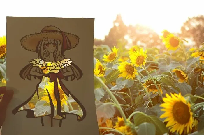 Japanese Artist Fills In Their Anime-Inspired Cutouts With Their Surroundings (100 Pics)