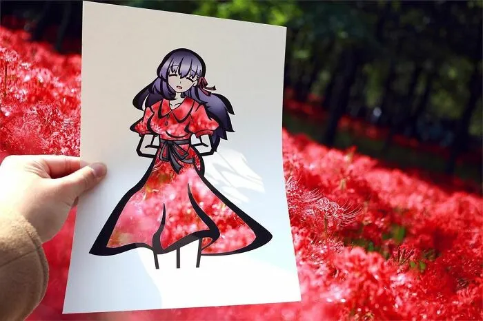 Japanese Artist Fills In Their Anime-Inspired Cutouts With Their Surroundings (100 Pics)