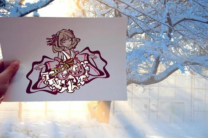 Japanese Artist Fills In Their Anime-Inspired Cutouts With Their Surroundings (100 Pics)
