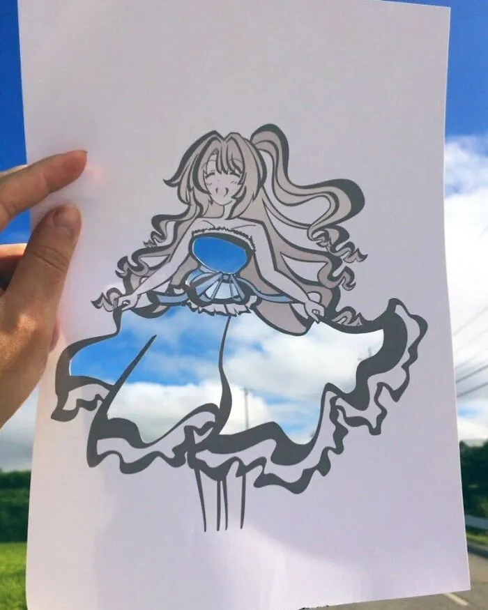 Japanese Artist Fills In Their Anime-Inspired Cutouts With Their Surroundings (100 Pics)