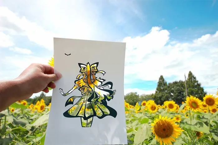 Japanese Artist Fills In Their Anime-Inspired Cutouts With Their Surroundings (100 Pics)
