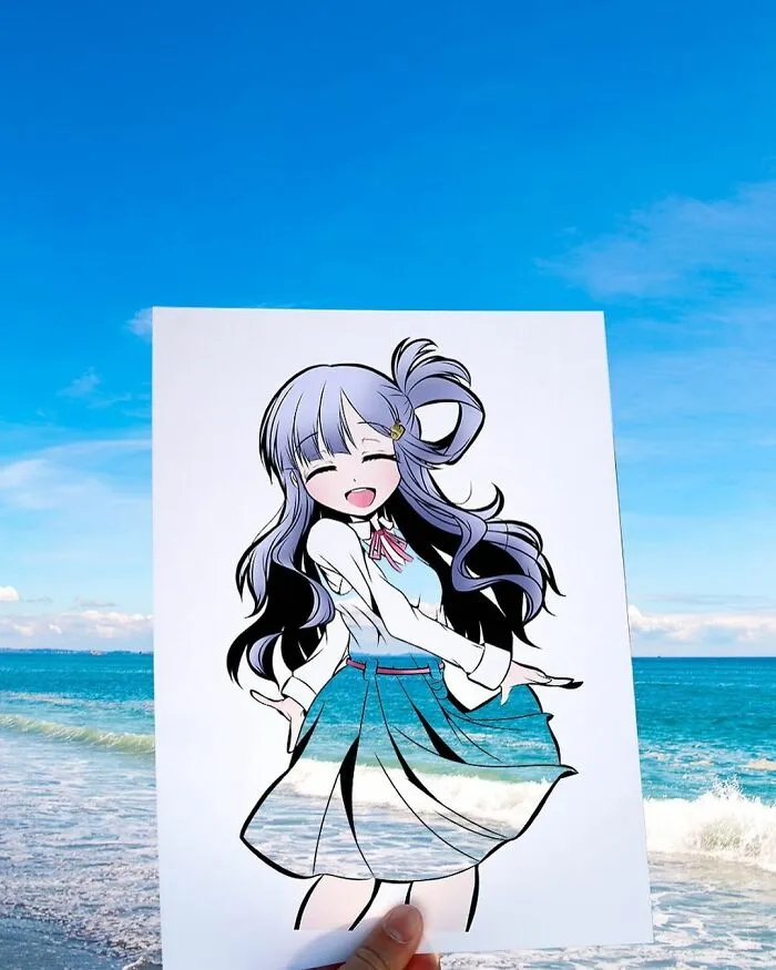 Japanese Artist Fills In Their Anime-Inspired Cutouts With Their Surroundings (100 Pics)