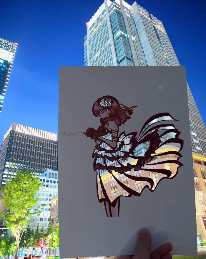 Japanese Artist Fills In Their Anime-Inspired Cutouts With Their Surroundings (100 Pics)