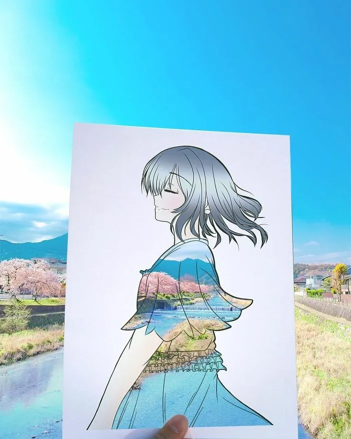 Japanese Artist Fills In Their Anime-Inspired Cutouts With Their Surroundings (100 Pics)