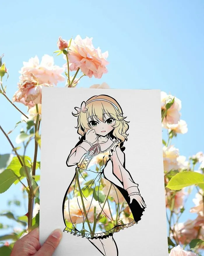 Japanese Artist Fills In Their Anime-Inspired Cutouts With Their Surroundings (100 Pics)