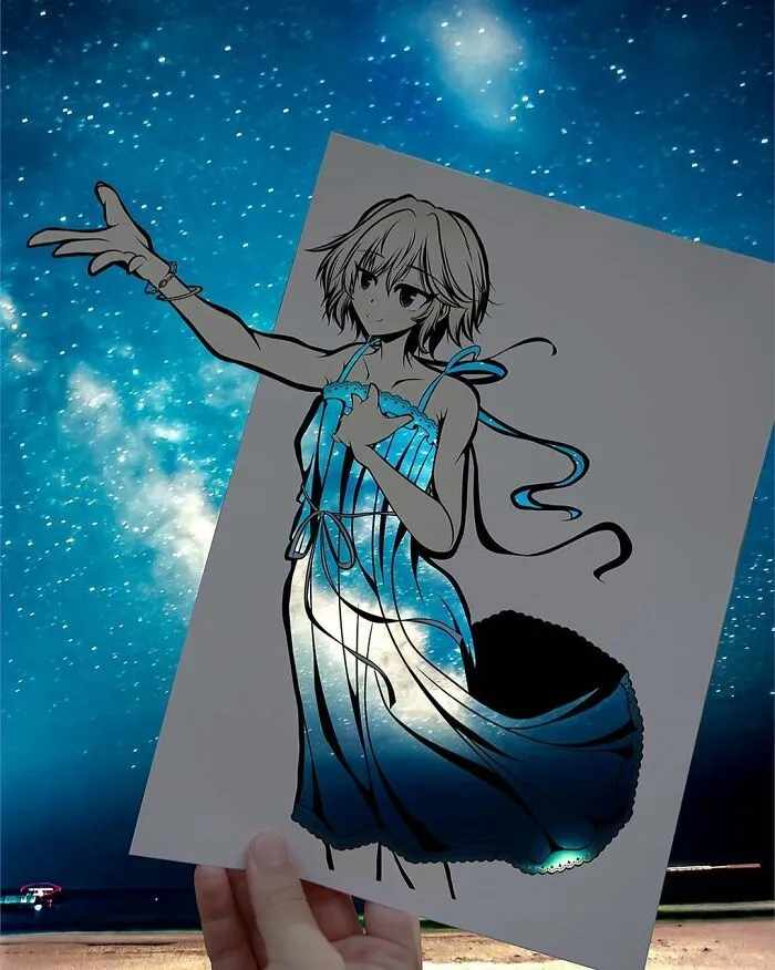 Japanese Artist Fills In Their Anime-Inspired Cutouts With Their Surroundings (100 Pics)