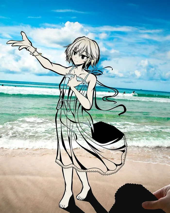 Japanese Artist Fills In Their Anime-Inspired Cutouts With Their Surroundings (100 Pics)