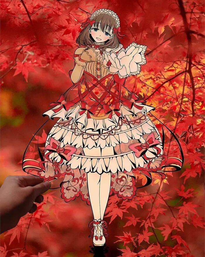Japanese Artist Fills In Their Anime-Inspired Cutouts With Their Surroundings (100 Pics)