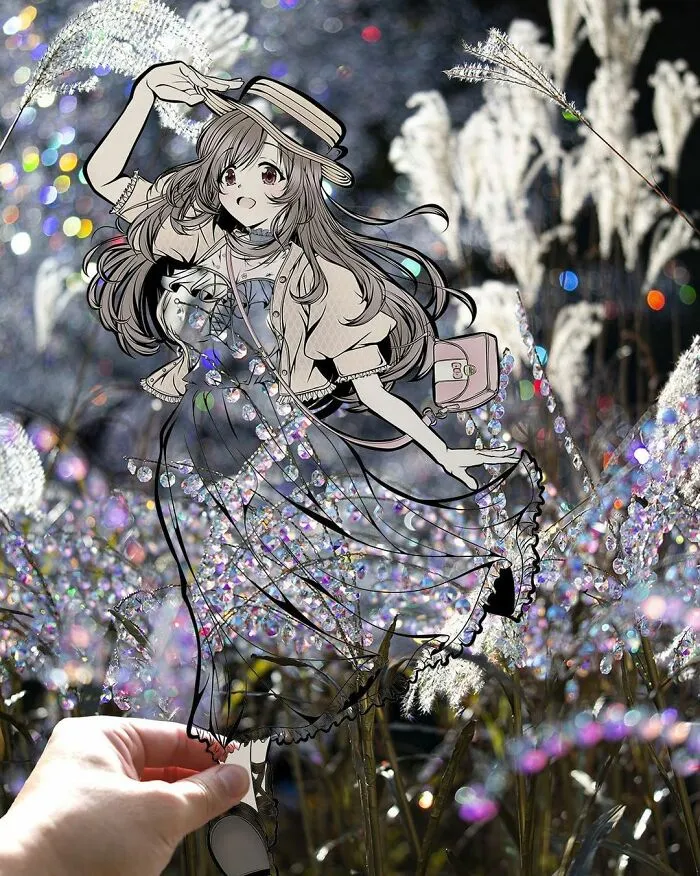 Japanese Artist Fills In Their Anime-Inspired Cutouts With Their Surroundings (100 Pics)