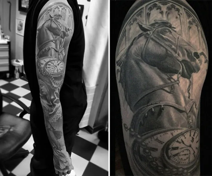 Black and gray realism tattoo on arm featuring a horse and clock, crafted by a Swedish artist.