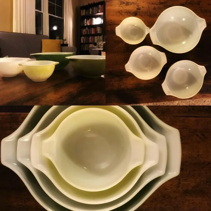 My Inlaws’ Pyrex Bowls That My Wife Grew Up With. Wedding Present From 1970. The Only Thing She Asked For When Her Parents Asked Her What She Wanted From Their Estate. One Used To Be Pink. Used Daily