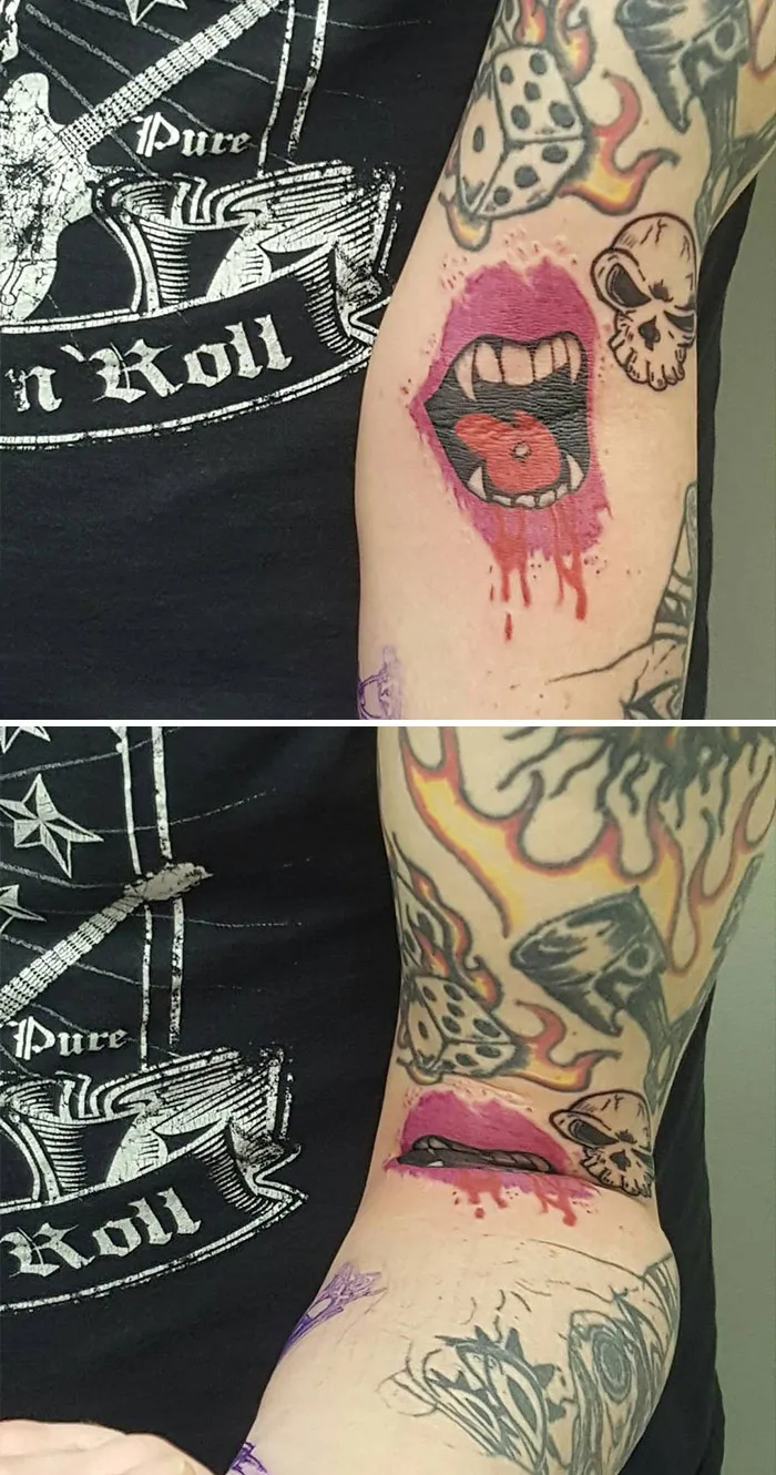 Creative tattoo of an open mouth on an arm, transforming when the arm bends.