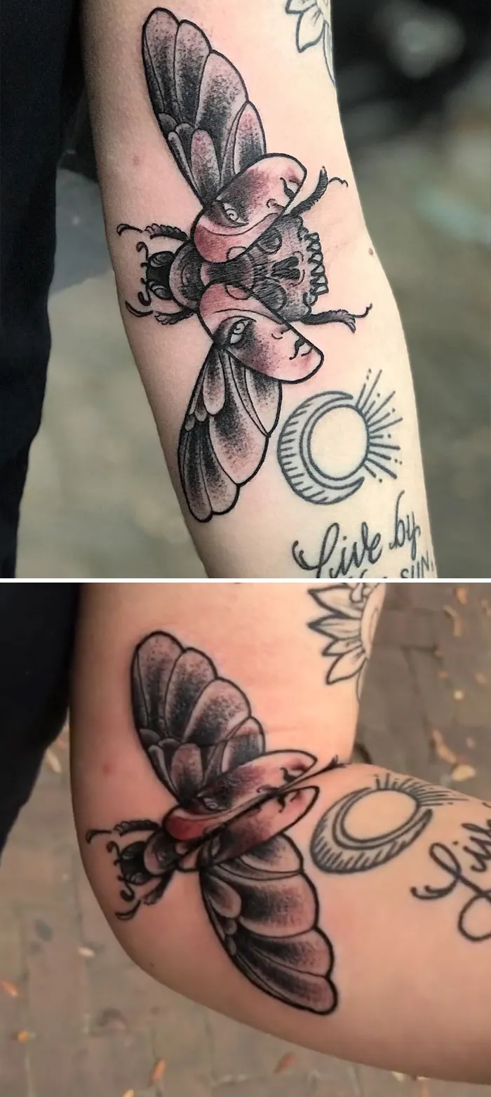 Creative tattoo of an insect on an arm, transforming with body movement for a unique visual effect.