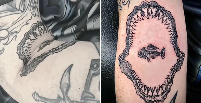 Creative tattoo with a moving jaw design that transforms with arm movement.