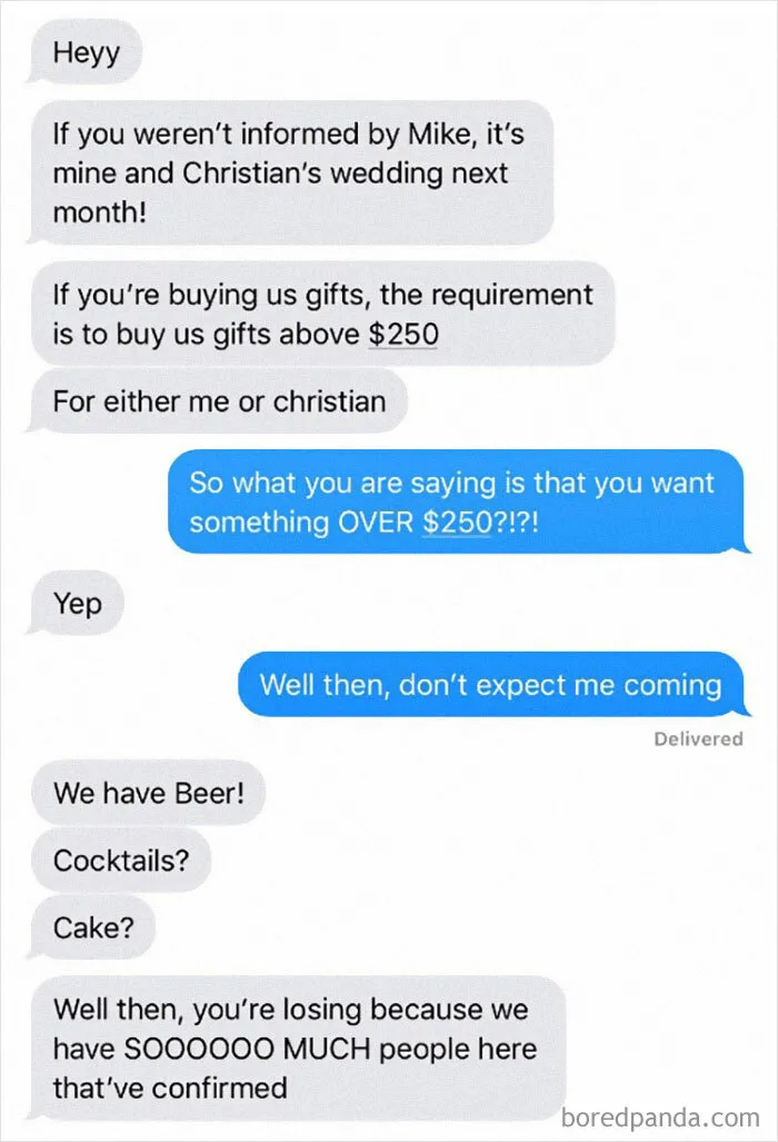 Nobody Wants To Pay A Bare Minimum Of 250 Dollars In Gifts To Go To A Wedding
