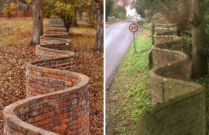 Curved brick walls in two settings highlight rare architectural design in nature.