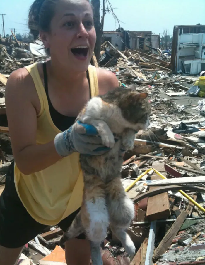 Esta mujer encontró vivo a su gato 16 días después de un tornado destructor en Missouri, 2011