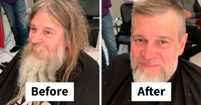 Awesome Barber Transforms This Homeless Man For Free And His Before And After Pics Show Another Man