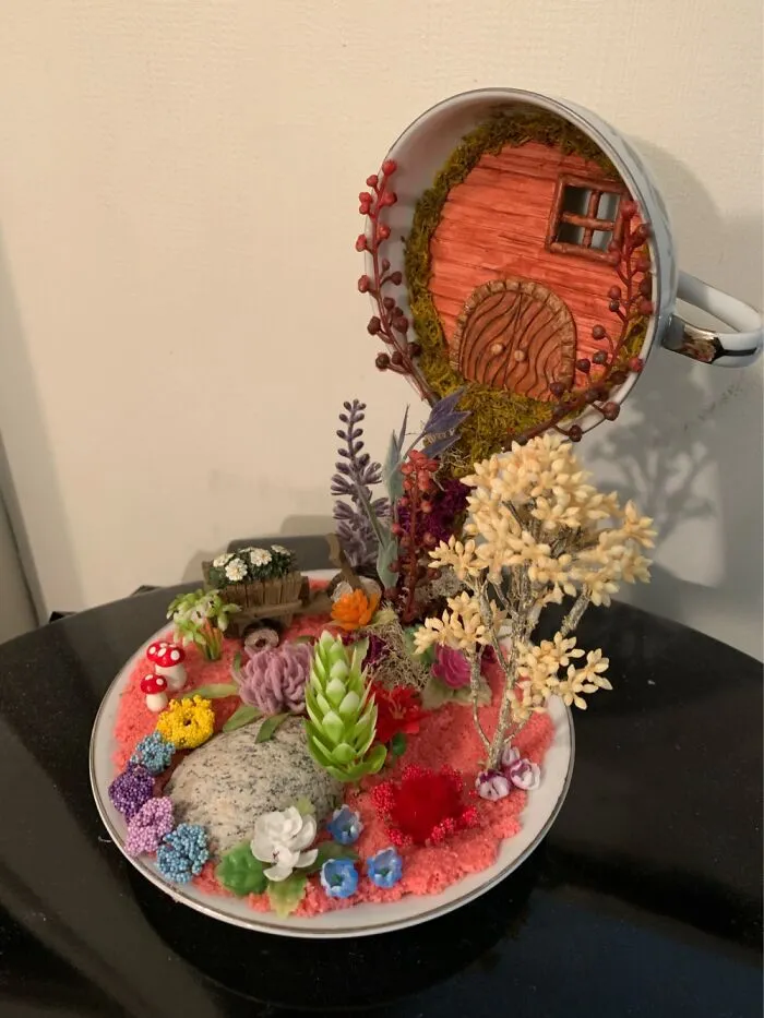 Teacup Fairy House Nightlight (Lights Up Inside The House). House Is Made With Clay And Painted