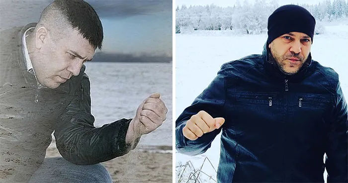 Comparison of a famous meme hero then and now, with the person by a beach and in a snowy landscape, wearing a black jacket.