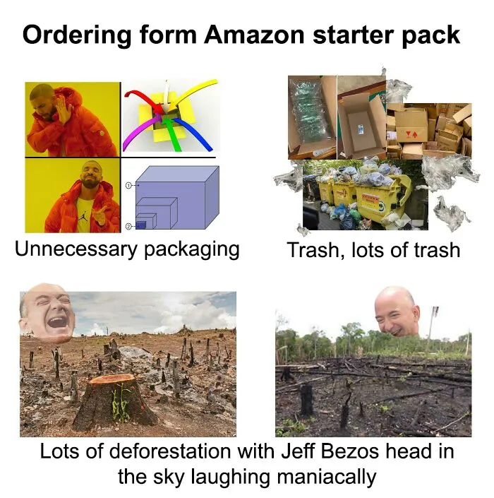 Ordering from Amazon starter pack meme with unnecessary packaging and trash.