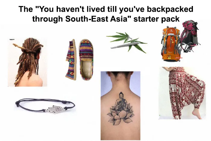 "Funny starter pack meme with backpack, dreadlocks, tattoo, boho pants, bracelets, shoes, and grass."