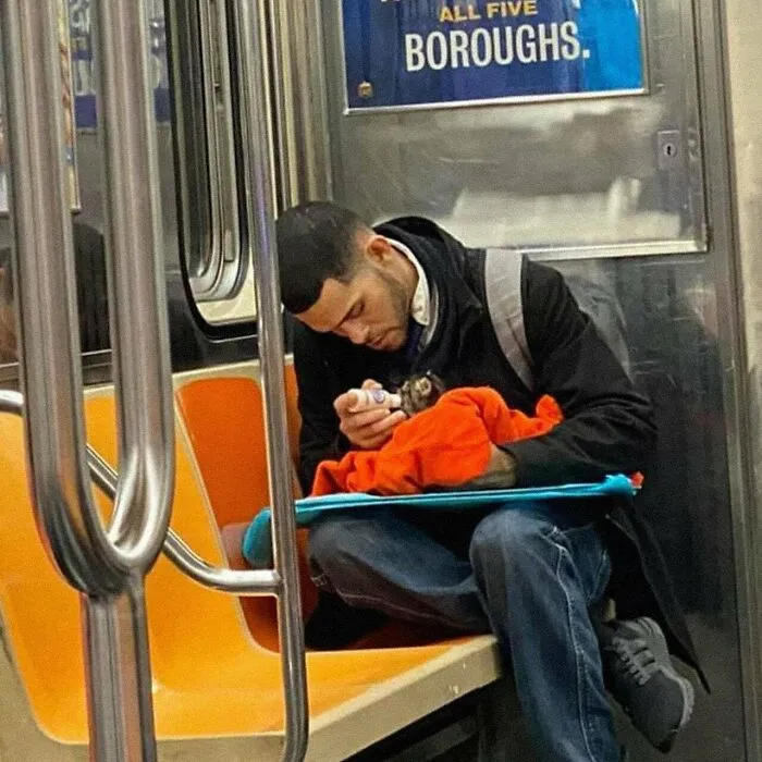 Un hombre alimentando a un gatito en el metro 