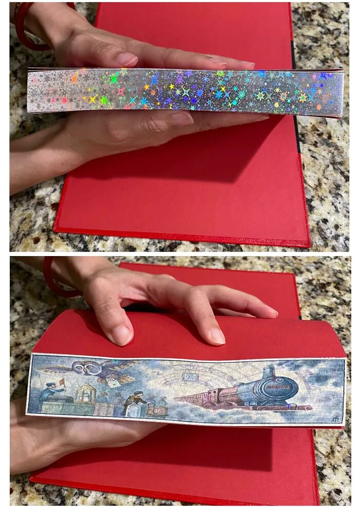 Mi recién adquirido libro de Harry Potter y la Piedra Filosofal pintado en el borde delantero. Con una escena secreta de la plataforma 9 3/4 en los bordes de las páginas