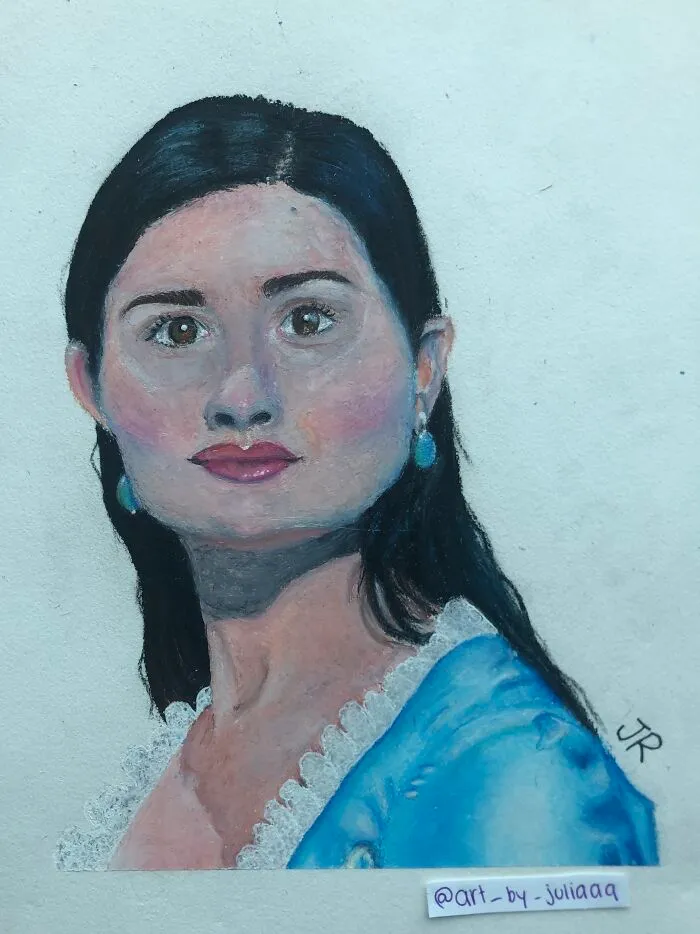 I’m Still Technically In My Childhood, So... This Is My Eliza Hamilton Oil Pastel Drawing :) You Can See More Of My Work On Instagram @art_by_juliaaa