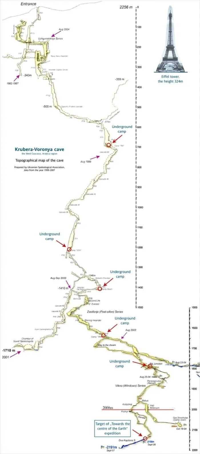 Map Of The 2191 Meter Deep Krubera Cave. The Deepest Known Cave System In The World