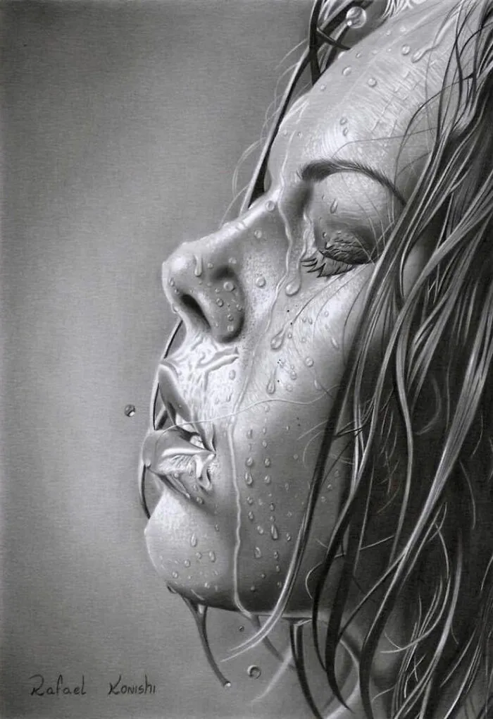 Realistic drawing by artist Rafael Konishi depicting a face with water droplets and wet hair in grayscale.