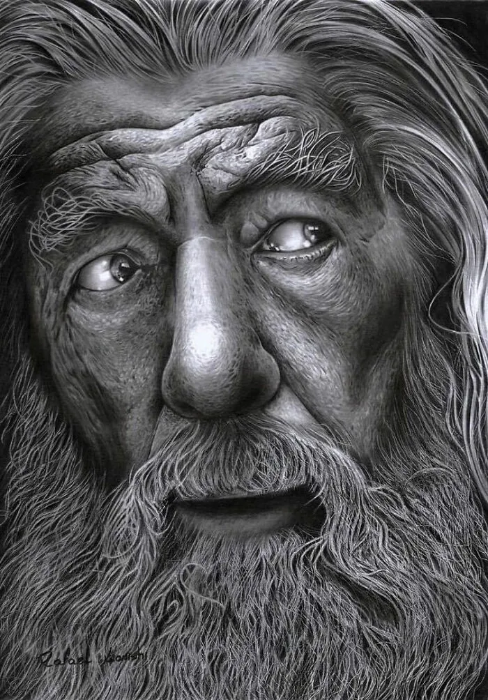 Realistic drawing of an elderly man with detailed facial features by artist Rafael Konishi.