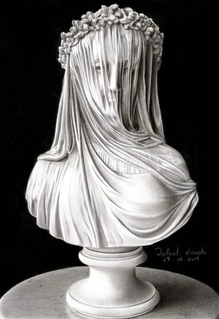 Realistic drawing by artist Rafael Konishi of a veiled bust with a floral crown on a pedestal.