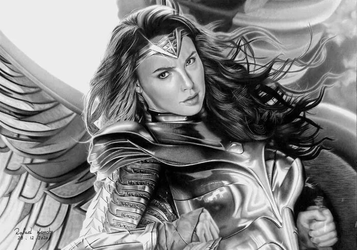 A realistic drawing by artist Rafael Konishi of a warrior woman in detailed armor, highlighting intricate artistry.