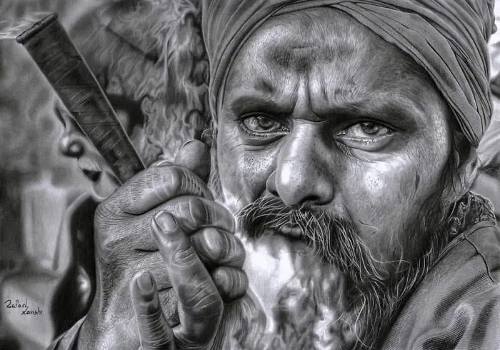 Realistic drawing by Rafael Konishi depicting a man in detailed grayscale, holding an object, with expressive eyes.