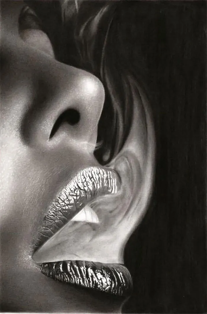Realistic drawing by Rafael Konishi depicting a surreal blend of a face and lips in black and white.