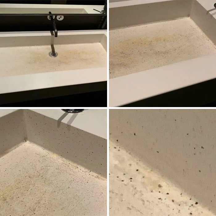 Este es un fregadero de un restaurante francés de alta calidad en San Francisco. No, eso no es suciedad, sino el material *intencionado* del interior del fregadero. Además, esas no son manchas (a menos que el material absorba las manchas, de cualquier manera, mal diseño del fregadero)