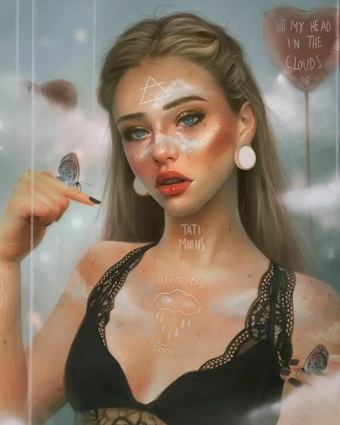Digital artwork of a woman representing zodiac signs and elements, featuring soft clouds, butterflies, and celestial symbols.