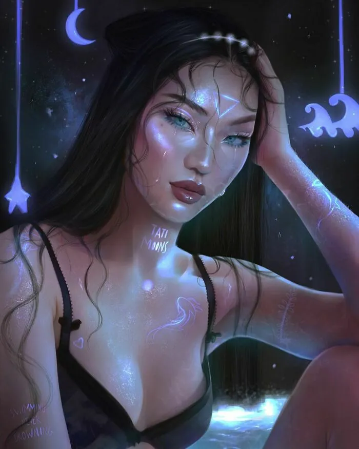 Digital painting of a woman representing zodiac signs, planets, and elements with glowing mystical symbols.